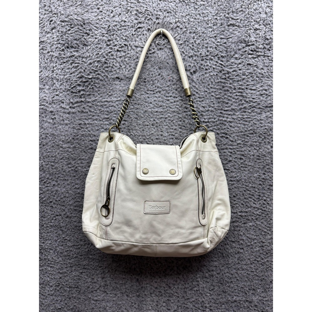 Barbour Women's Chain Leather Magnetic Hobo Shoulder Top Handle Bag White